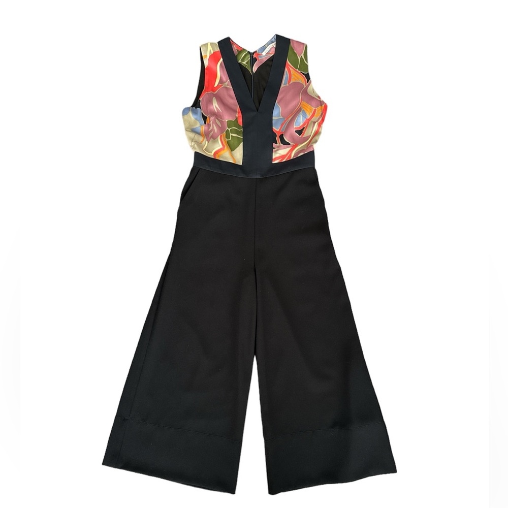 Size 2 Navy Rachel Roy wide-leg jumpsuit with cutout back and multi-color top